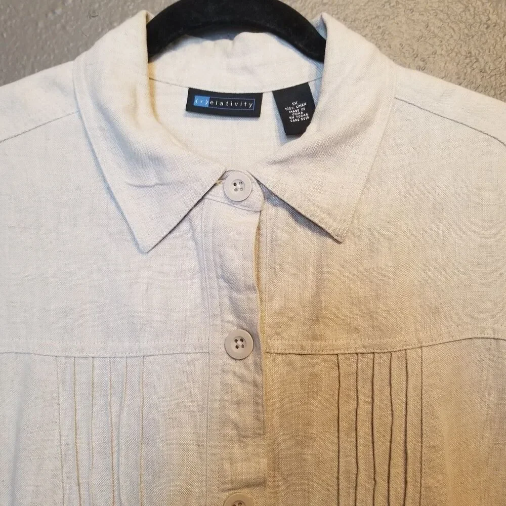 Relativity 1X Jacket 100% Linen Pintuck  Pleats Button Front Coastal Lagenlook